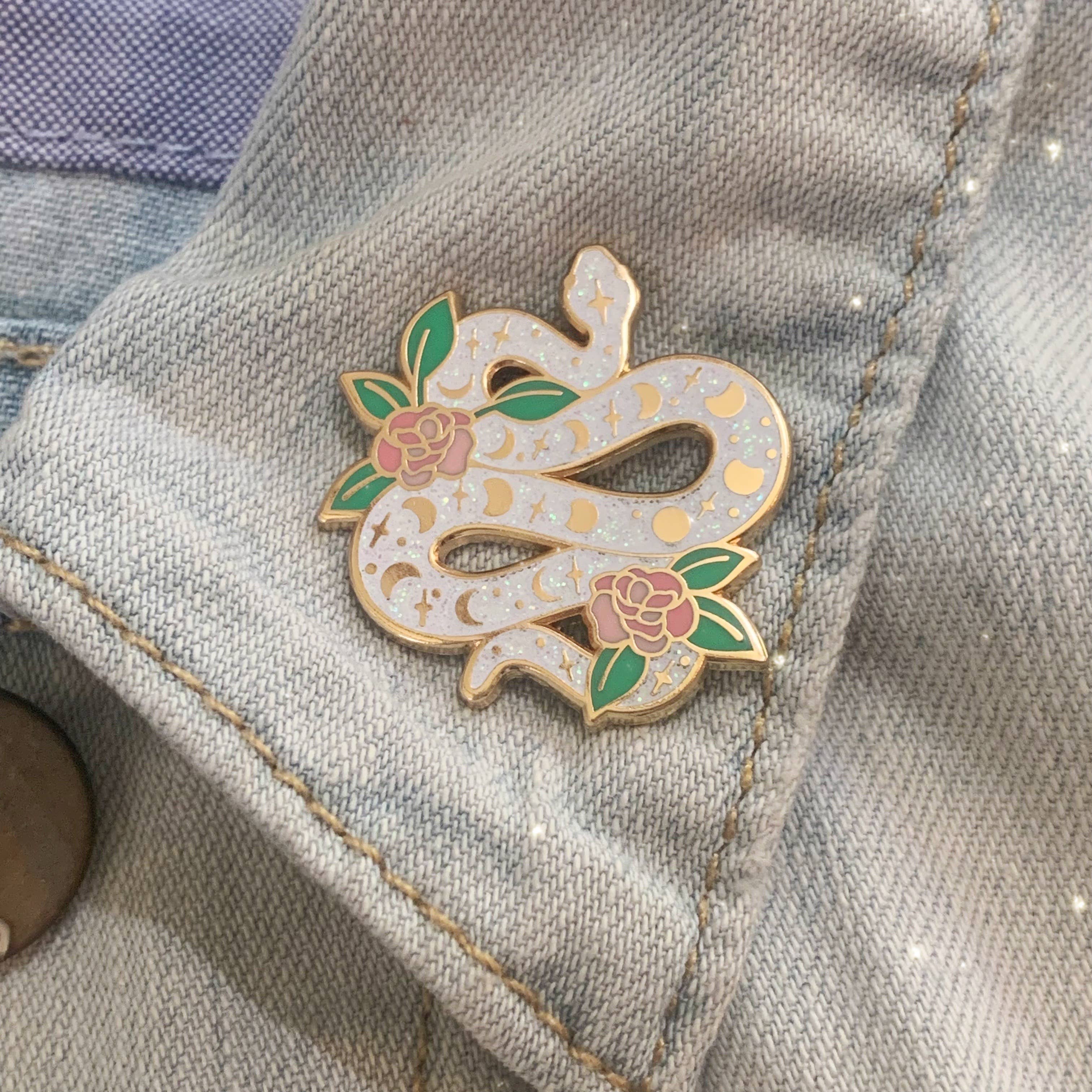 Serpent Enamel Pin, White Glitter, photo 2 of 4