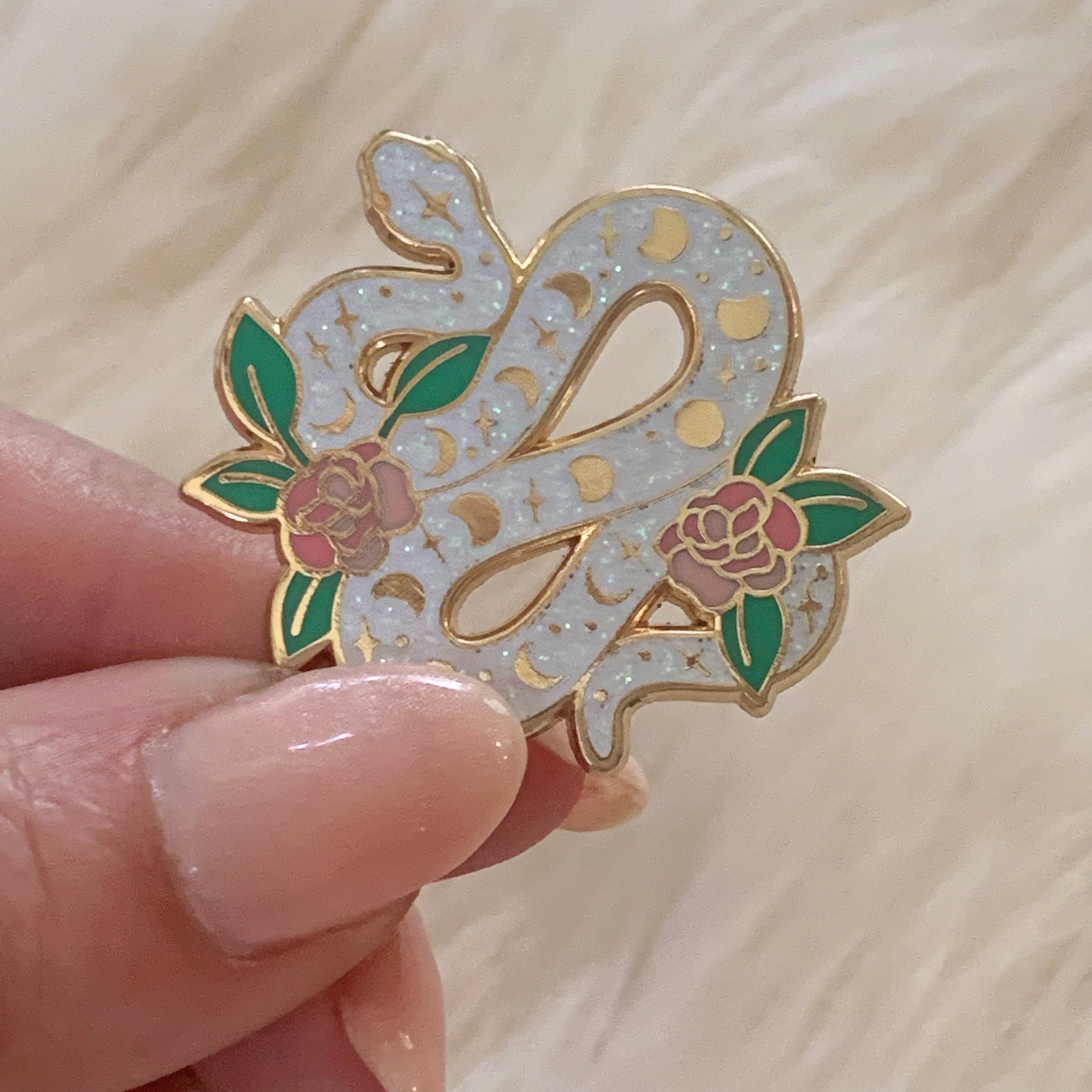 Serpent Enamel Pin, White Glitter, photo 4 of 4