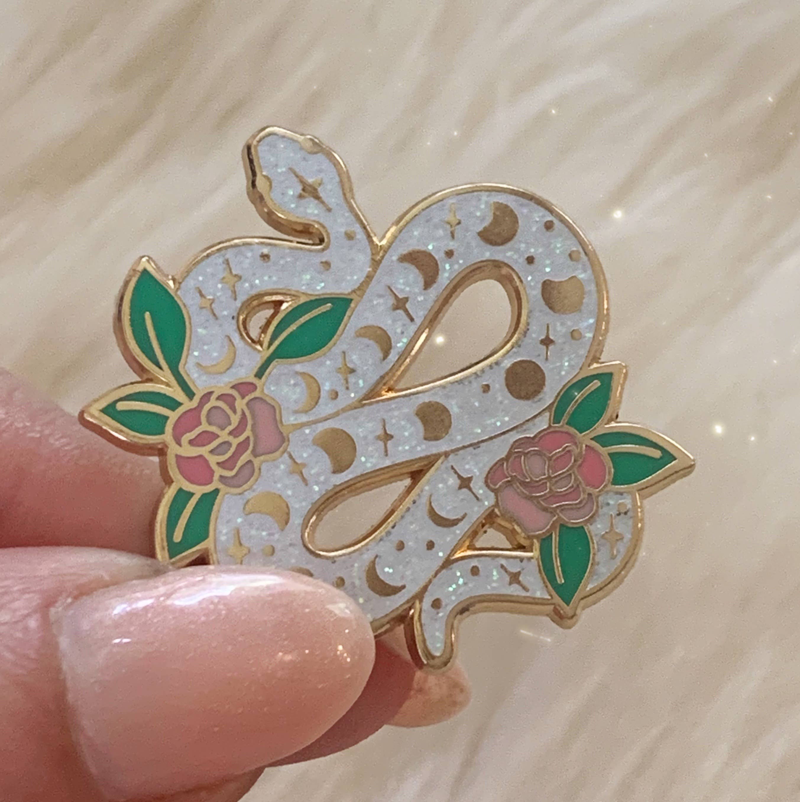 Serpent Enamel Pin, White Glitter, photo 3 of 4