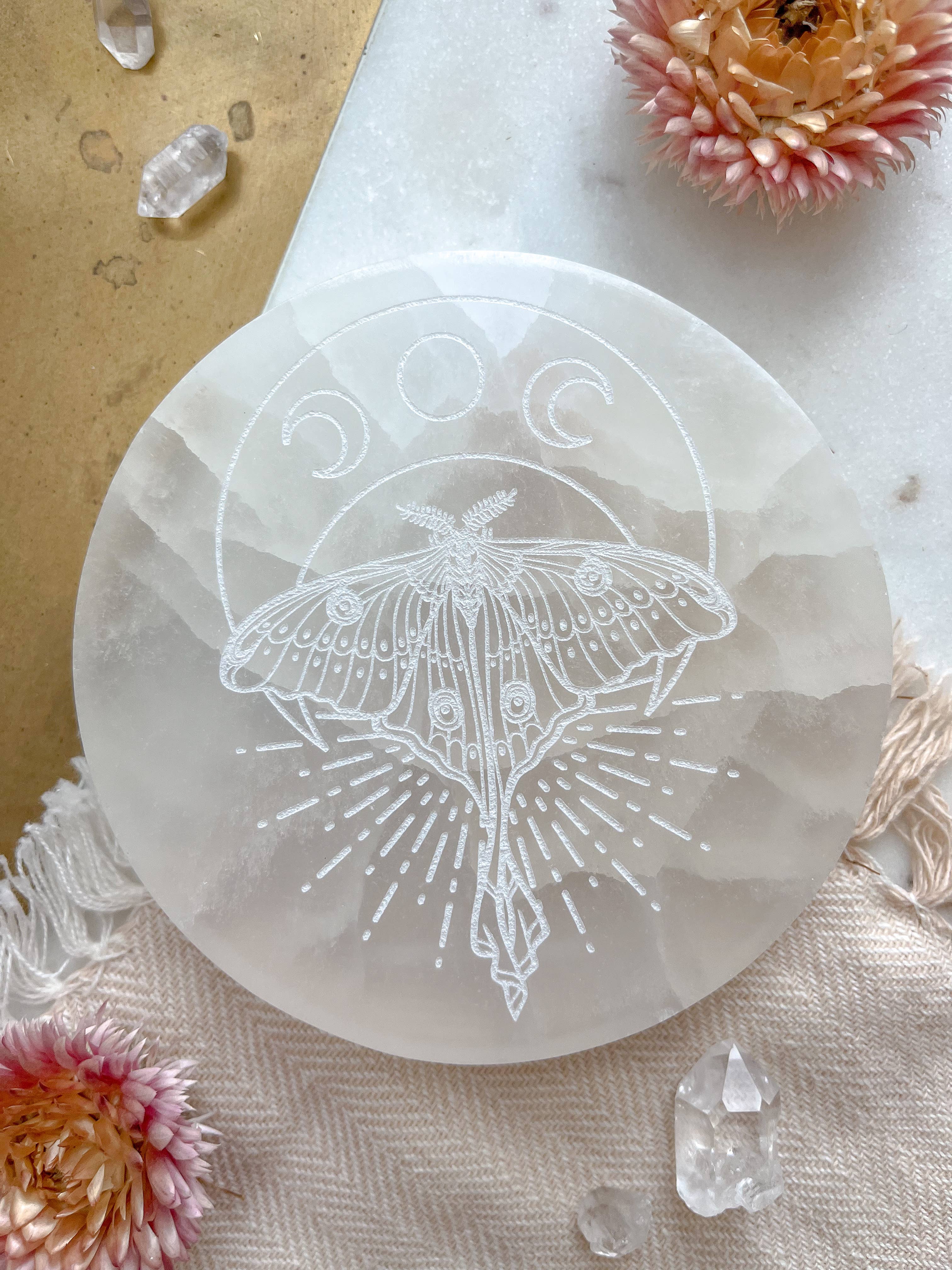 ”Mystic Luna Moth” Round Selenite Charging Disc
